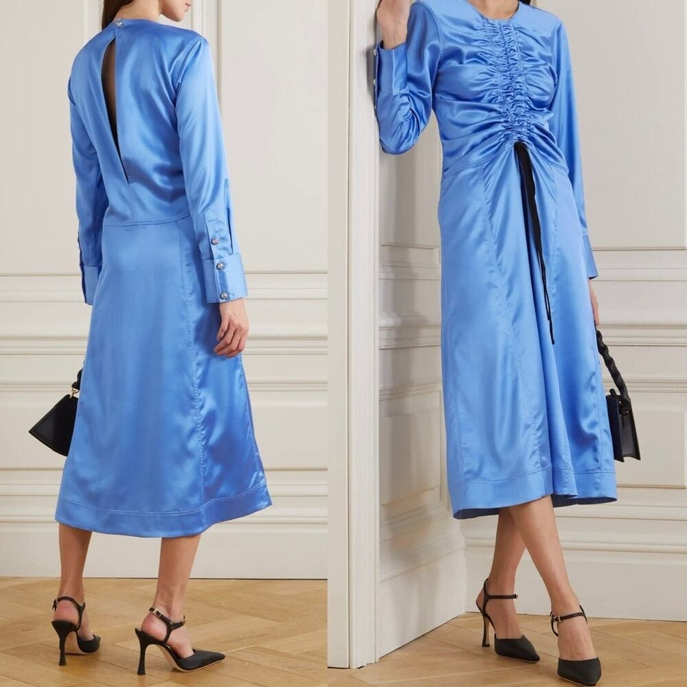 GANNI
Ruched-Detail Satin Midi Dress💜 - Picture 13 of 16